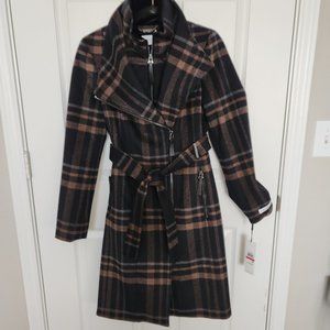CALVIN KLEIN Belted Wrap Coat - Plaid XS - NWT